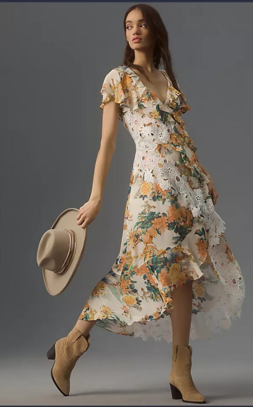 New Anthropologie V-Neck Ruffle Lace Slip Floral Dress - Size 8